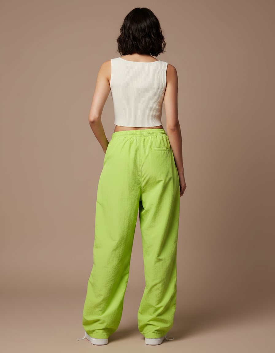 Pantalon Parachute Vert Citron Fluide Ample Streetwear - Polyester - vue 2