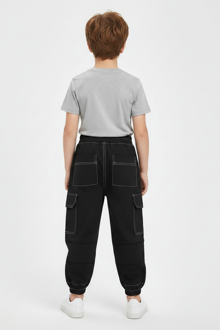 Pantalon Parachute Noir Cargo Coton Garçon Décontracté - vue 2