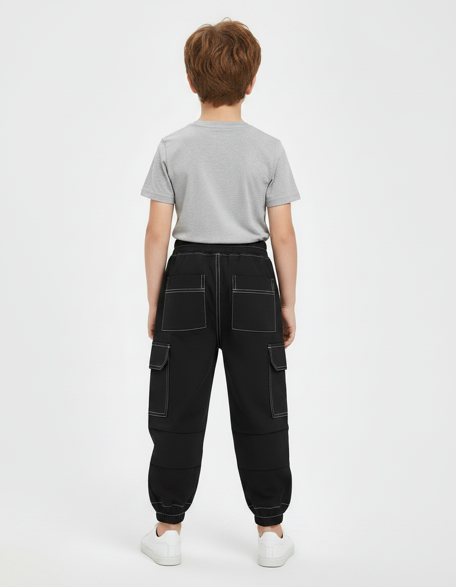 Pantalon Parachute Noir Cargo Coton Garçon Décontracté - vue 2