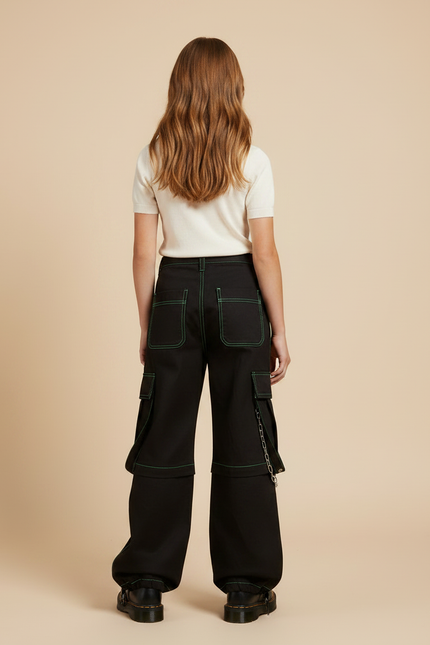 Pantalon Parachute Noir Cargo Ample Vert Fille - Toile - vue 2