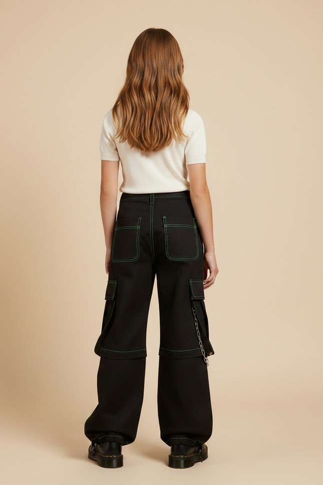 Pantalon Parachute Noir Cargo Ample Vert Fille - Toile - vue 2