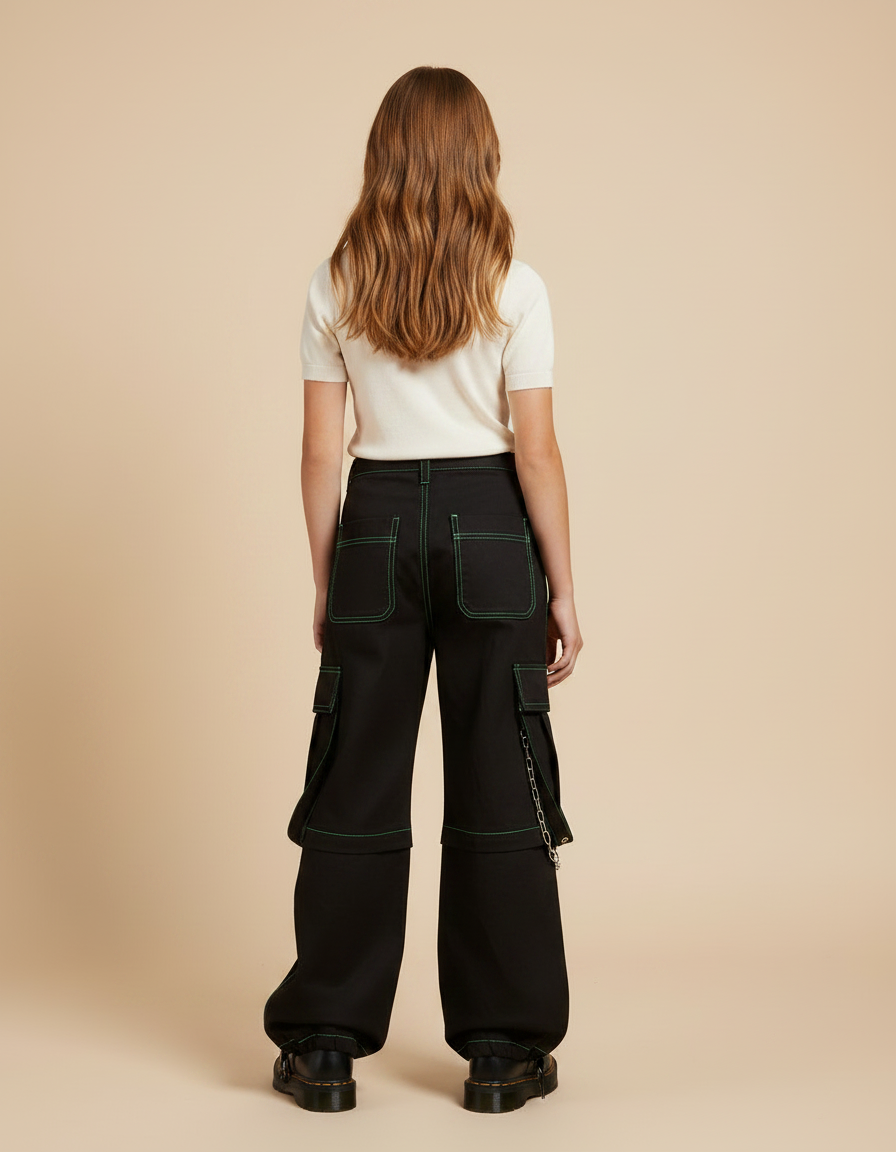 Pantalon Parachute Noir Cargo Ample Vert Fille - Toile - vue 2