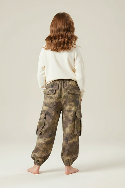 Pantalon Parachute Fille Kaki Cargo Toile - Molleton - vue 2