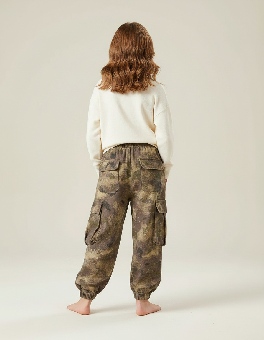 Pantalon Parachute Fille Kaki Cargo Toile - Molleton - vue 2