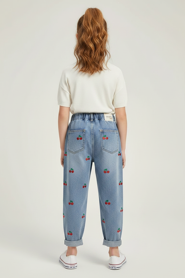 Pantalon Parachute Jean Ample Cerises Brodé Enfant - Bleu - vue 2