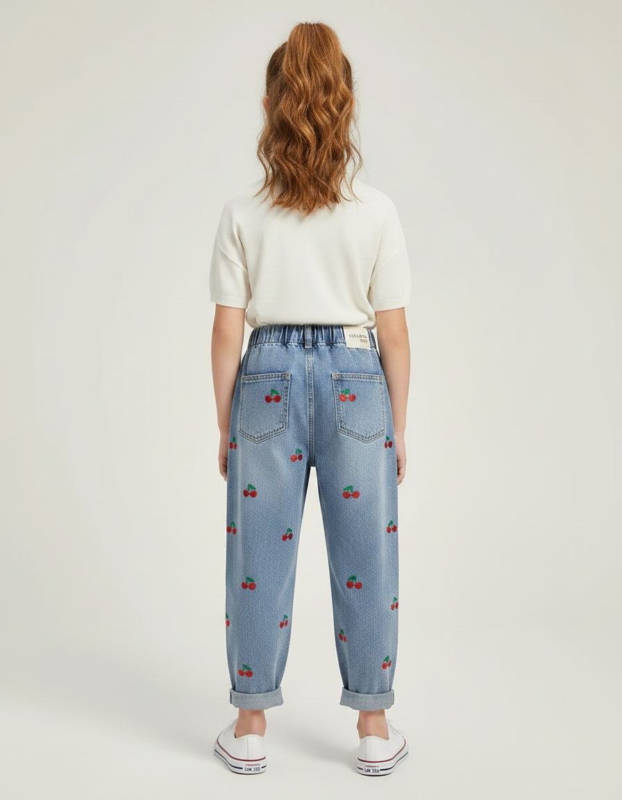 Pantalon Parachute Jean Ample Cerises Brodé Enfant - Bleu - vue 2