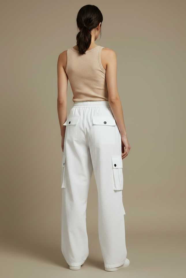 Pantalon Parachute Blanc Cargo Ample Taille Haute Femme - Toile - vue 2