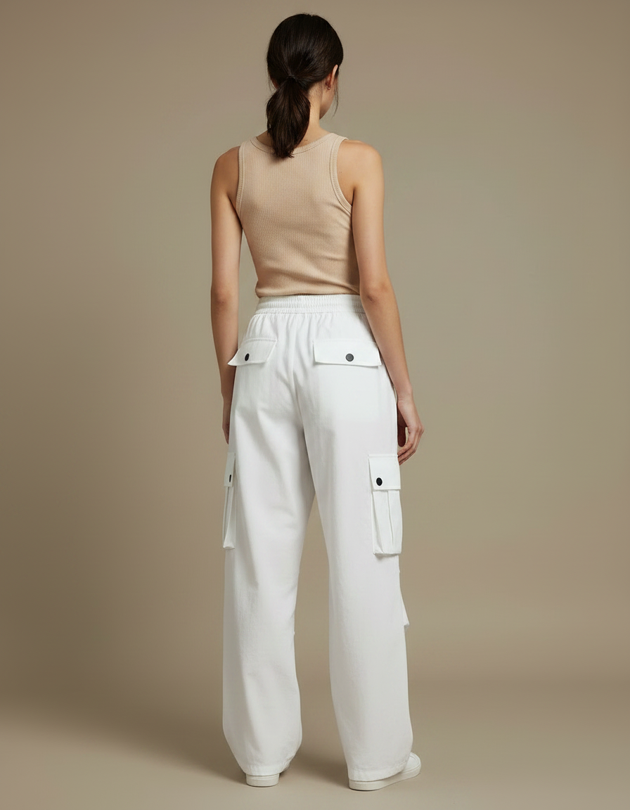 Pantalon Parachute Blanc Cargo Ample Taille Haute Femme - Toile - vue 2