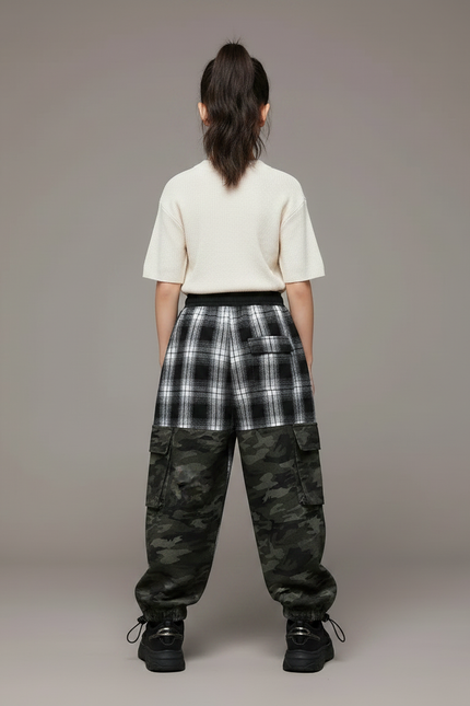 Pantalon Parachute Carreaux Camouflage Ample Cargo Enfant - Imprimé Molleton - vue 2