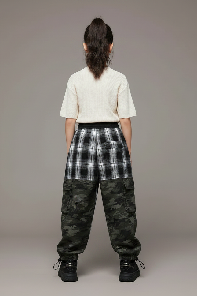 Pantalon Parachute Carreaux Camouflage Ample Cargo Enfant - Imprimé Molleton - vue 2