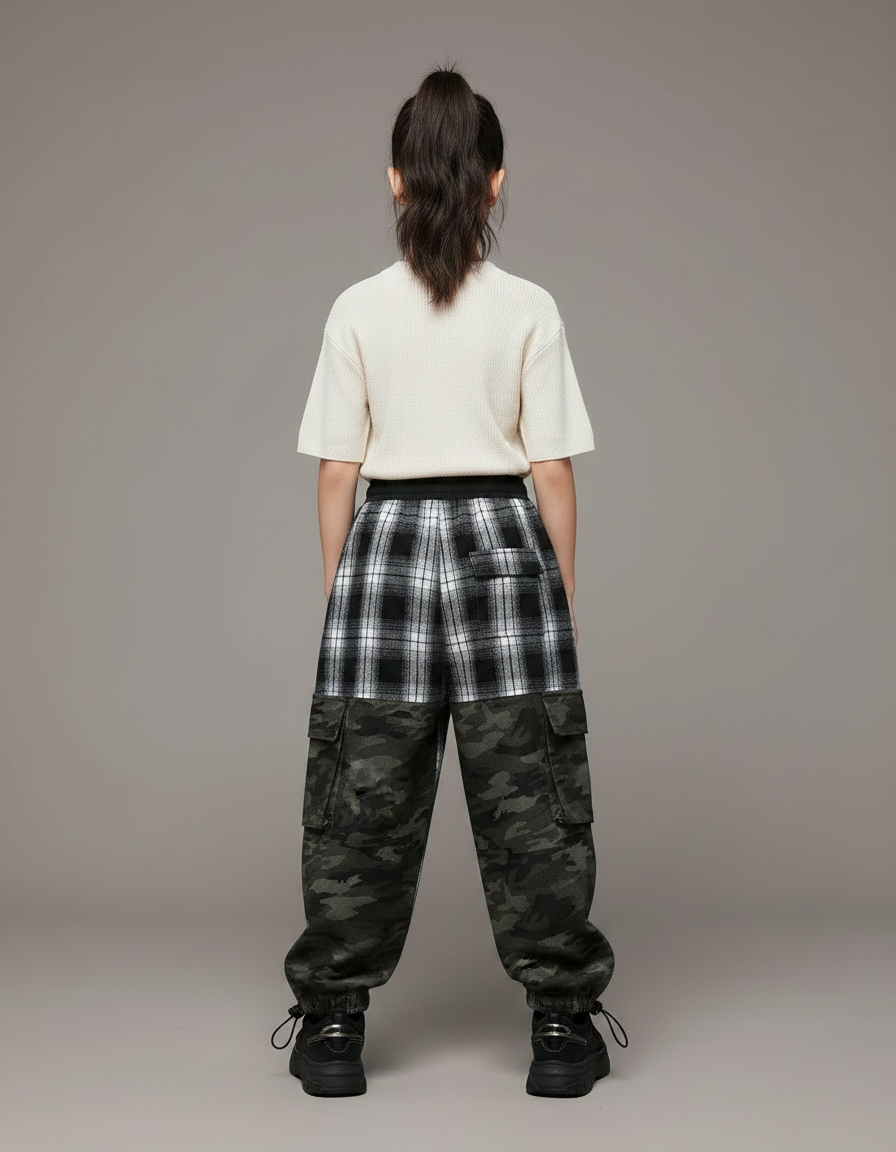 Pantalon Parachute Carreaux Camouflage Ample Cargo Enfant - Imprimé Molleton - vue 2