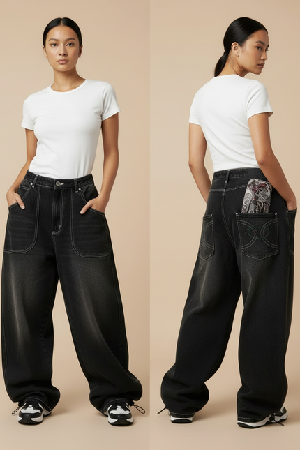 Pantalon Parachute Noir Délavé Ample Imprimé Denim Femme - Jean - vue 2