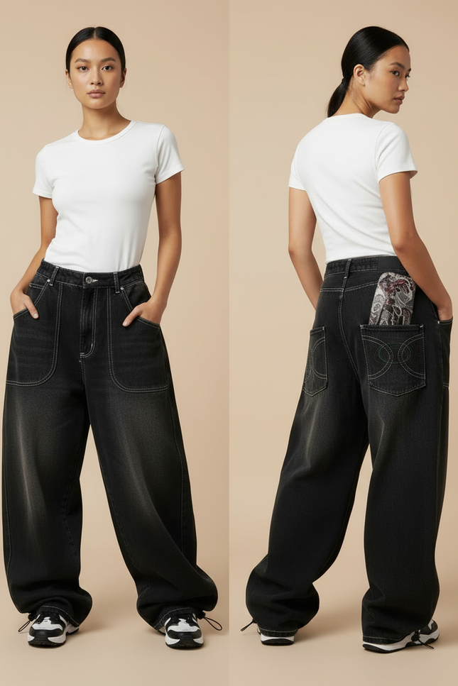 Pantalon Parachute Noir Délavé Ample Imprimé Denim Femme - Jean - vue 2