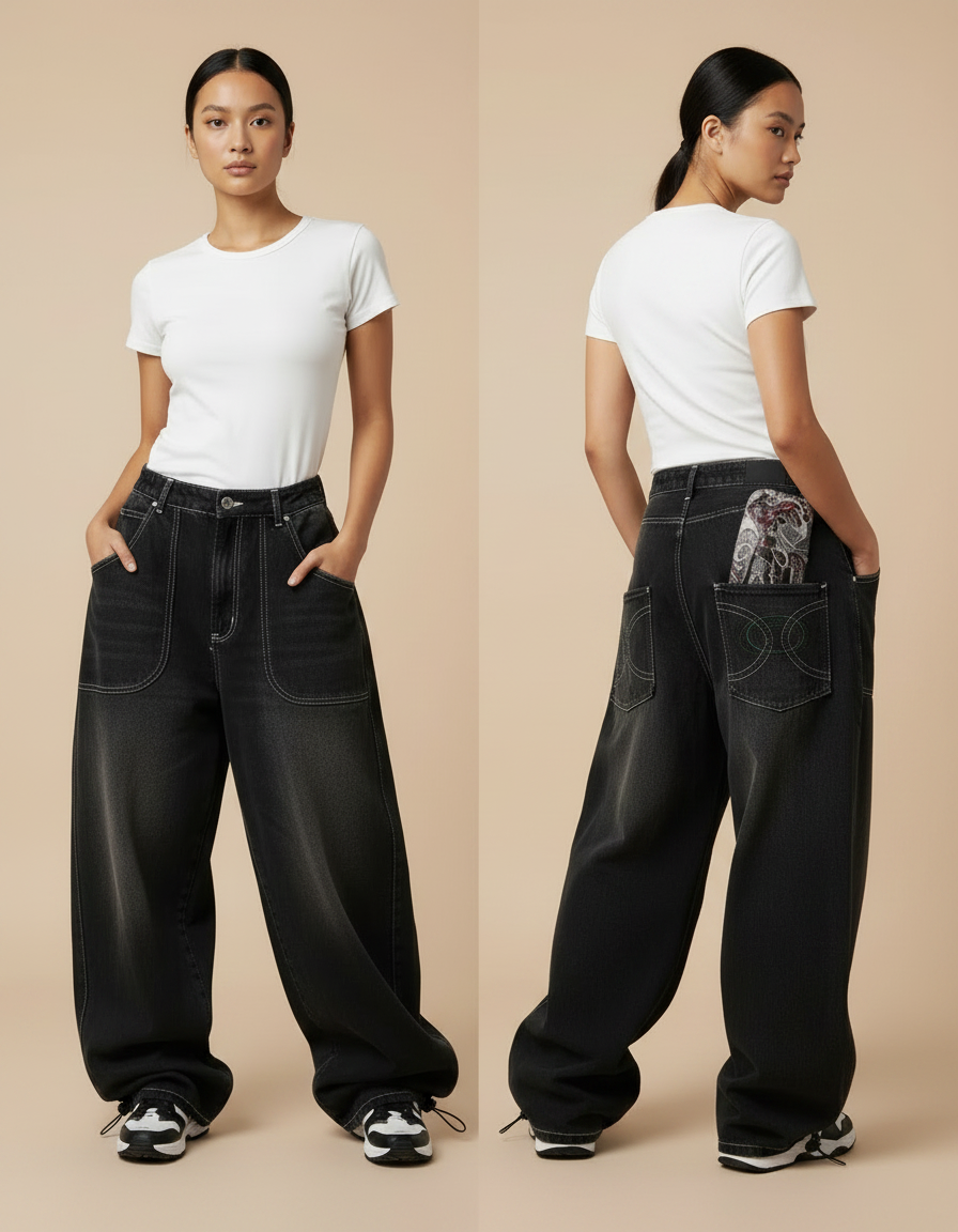 Pantalon Parachute Noir Délavé Ample Imprimé Denim Femme - Jean - vue 2