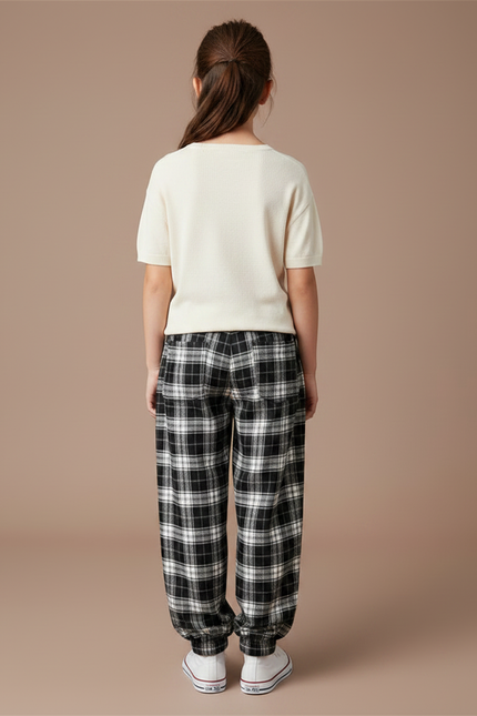 Pantalon Parachute Plaid Noir Ample Décontracté Unisexe - Imprimé Molleton - vue 2
