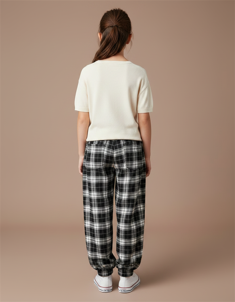 Pantalon Parachute Plaid Noir Ample Décontracté Unisexe - Imprimé Molleton - vue 2