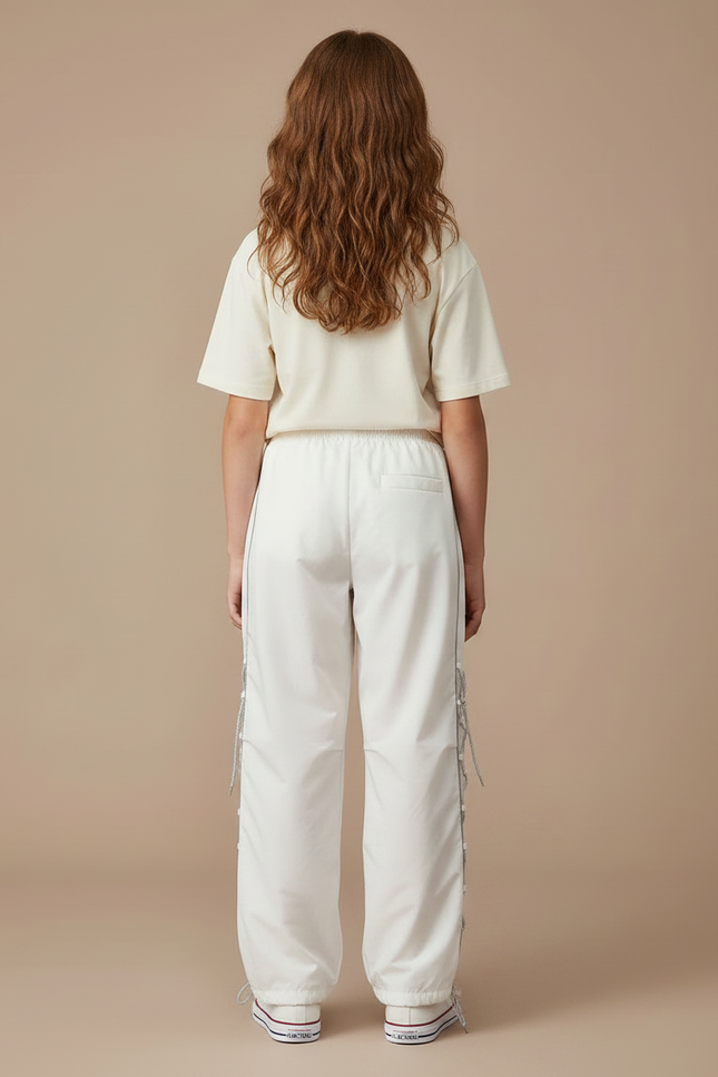 Pantalon Parachute Blanc Ample Lacets Streetwear Décontracté - Polyester - vue 2