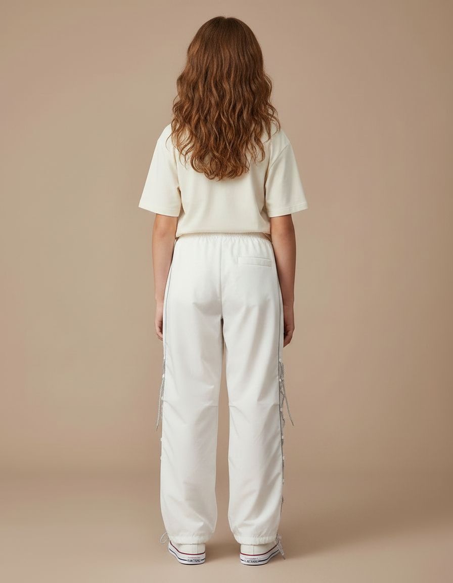 Pantalon Parachute Blanc Ample Lacets Streetwear Décontracté - Polyester - vue 2