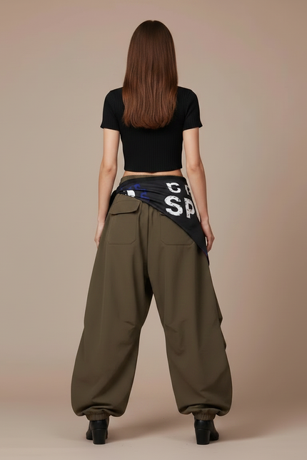 Pantalon Parachute Kaki Ample Fluide Décontracté Femme - Polyester - vue 2
