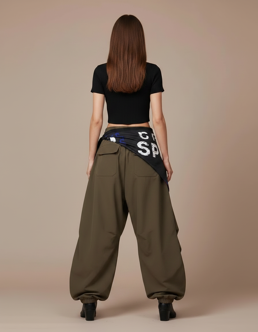 Pantalon Parachute Kaki Ample Fluide Décontracté Femme - Polyester - vue 2