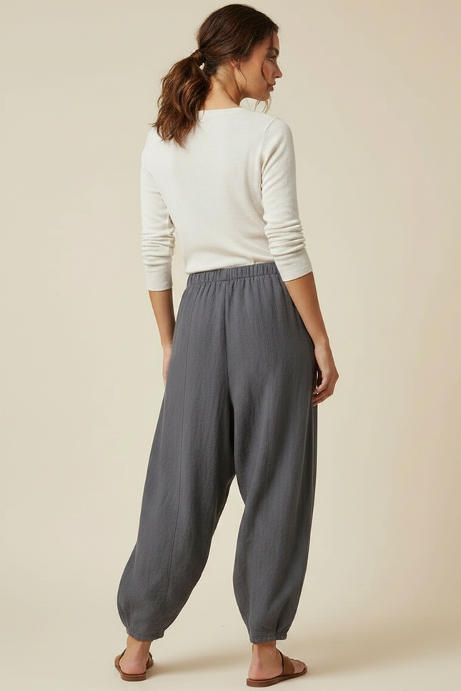 Pantalon Parachute Gris Ample Lin Coton Femme - vue 2