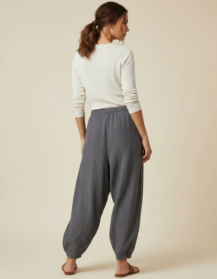 Pantalon Parachute Gris Ample Lin Coton Femme - vue 2