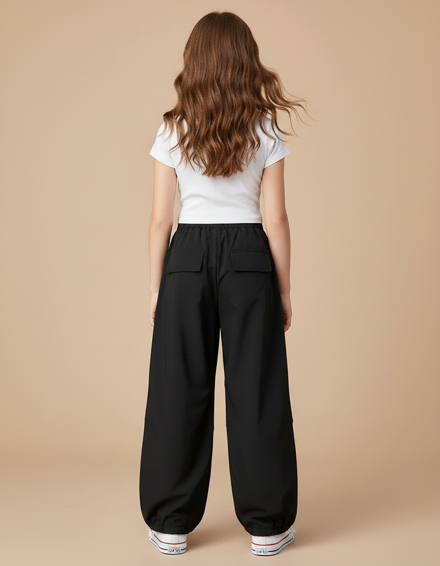 Pantalon Parachute Noir Cargo Ample Fille Léger - Polyester - vue 2