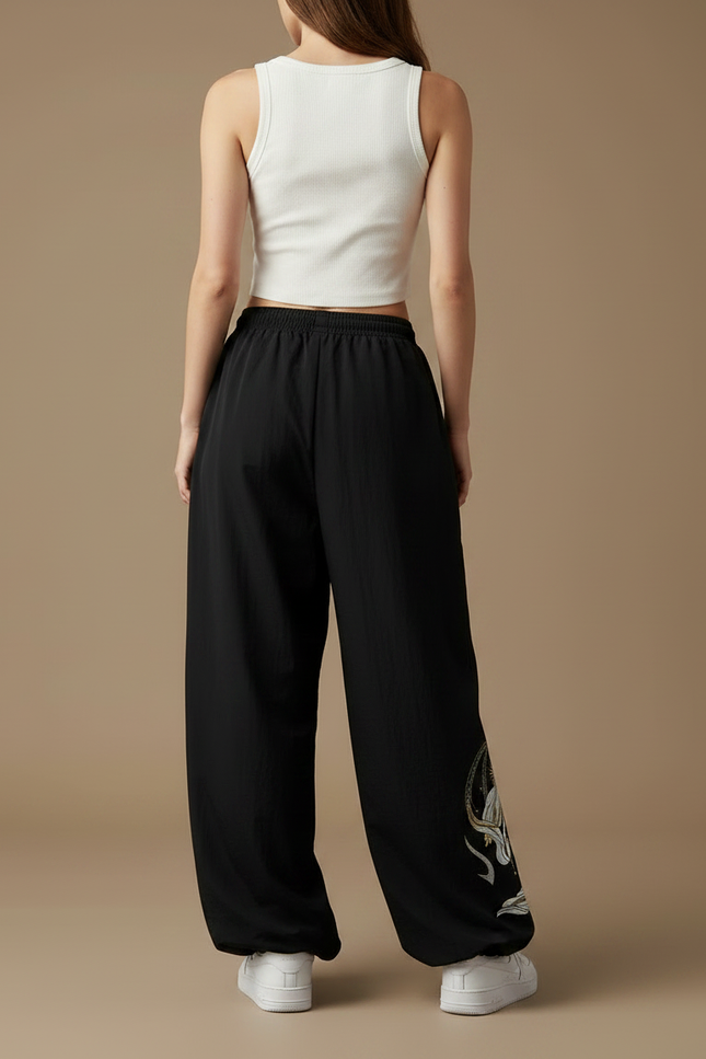 Pantalon Parachute Noir Ample Motif Mythologique Cordon - Polyester - vue 2