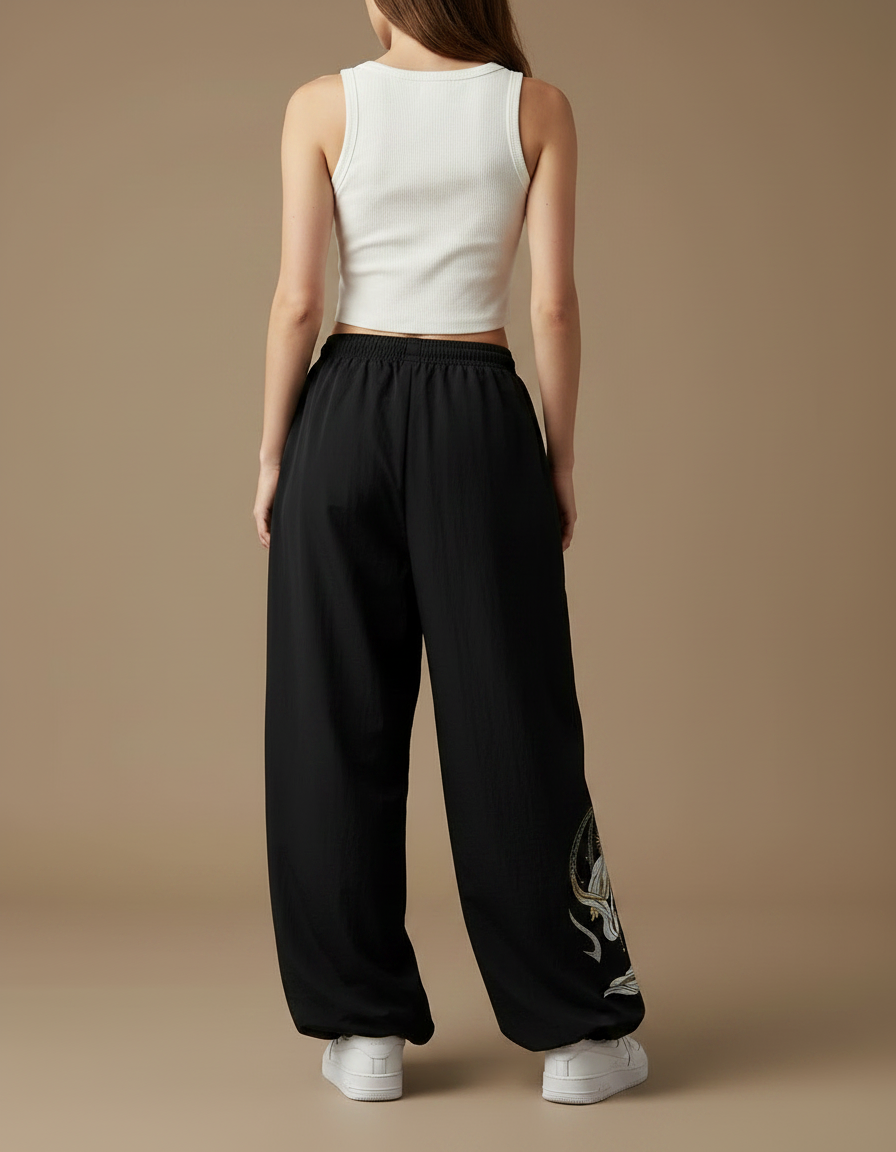 Pantalon Parachute Noir Ample Motif Mythologique Cordon - Polyester - vue 2