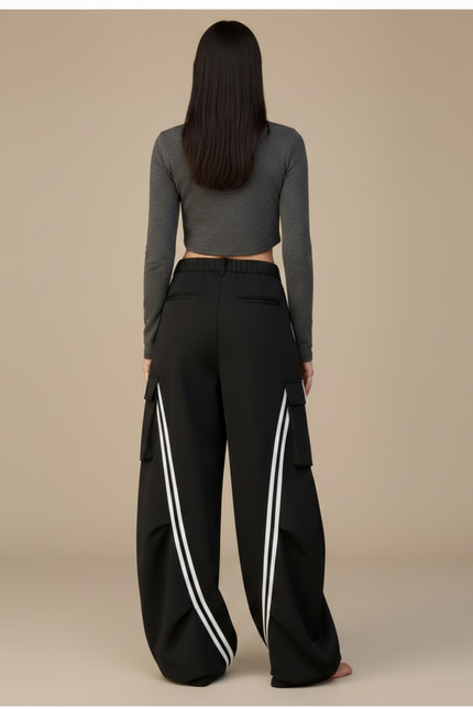 Pantalon Parachute Noir Ample Rayures Blanches Streetwear Y2K - Polyester - vue 2