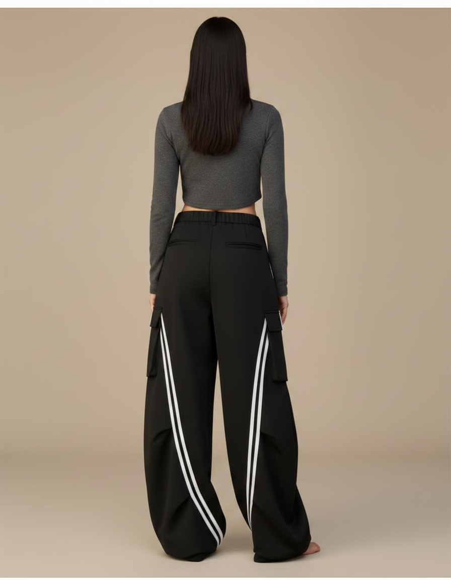 Pantalon Parachute Noir Ample Rayures Blanches Streetwear Y2K - Polyester - vue 2