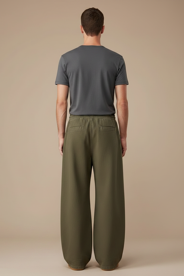 Pantalon Parachute Vert Ample Coton Décontracté Cordon Homme - Kaki - vue 2