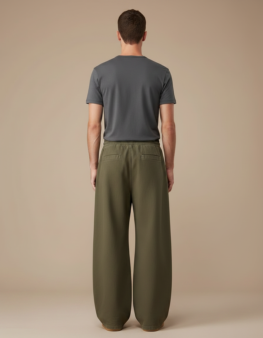 Pantalon Parachute Vert Ample Coton Décontracté Cordon Homme - Kaki - vue 2