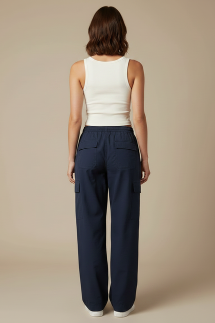 Pantalon Parachute Bleu Marine Ample Cordon Streetwear - Polyester - vue 2