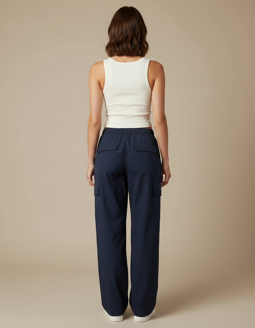 Pantalon Parachute Bleu Marine Ample Cordon Streetwear - Polyester - vue 2