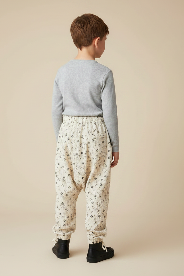 Pantalon Parachute Crème Côtelé Fleuri Ample Enfant - Beige Cordé - vue 2