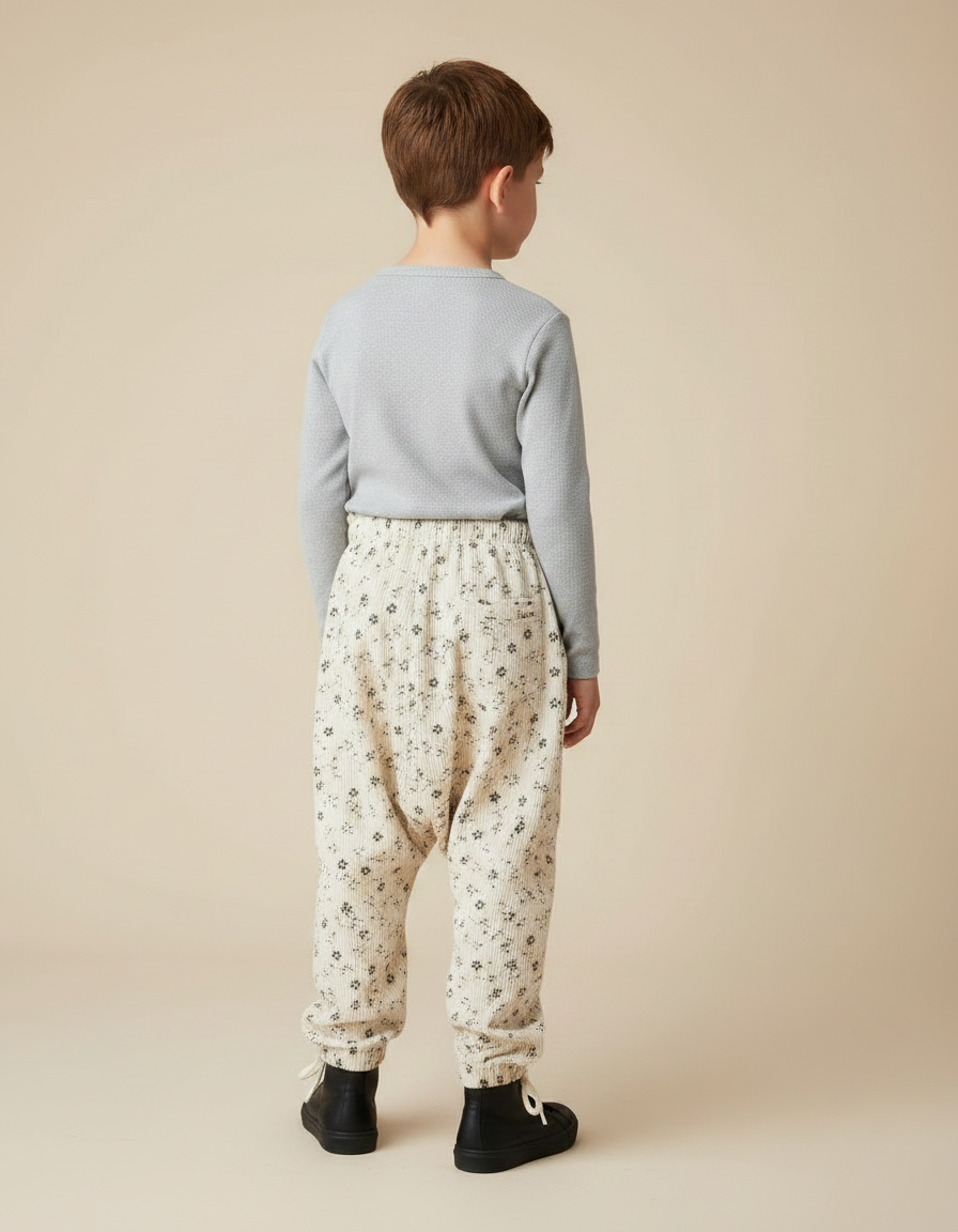 Pantalon Parachute Crème Côtelé Fleuri Ample Enfant - Beige Cordé - vue 2