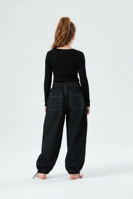 Pantalon Parachute Noir Cargo Ample Fille Décontracté - Polyester - vue 2