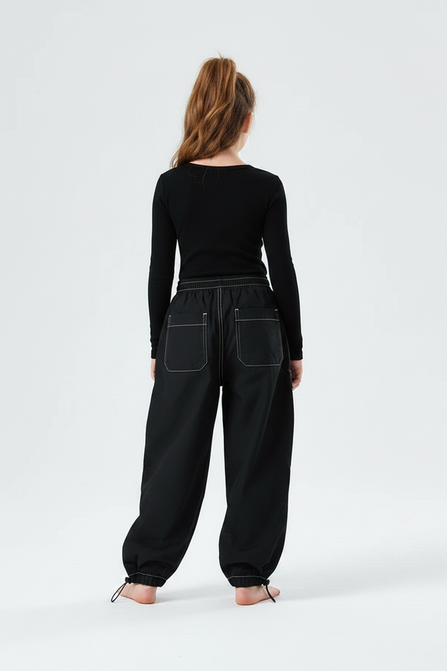 Pantalon Parachute Noir Cargo Ample Fille Décontracté - Polyester - vue 2