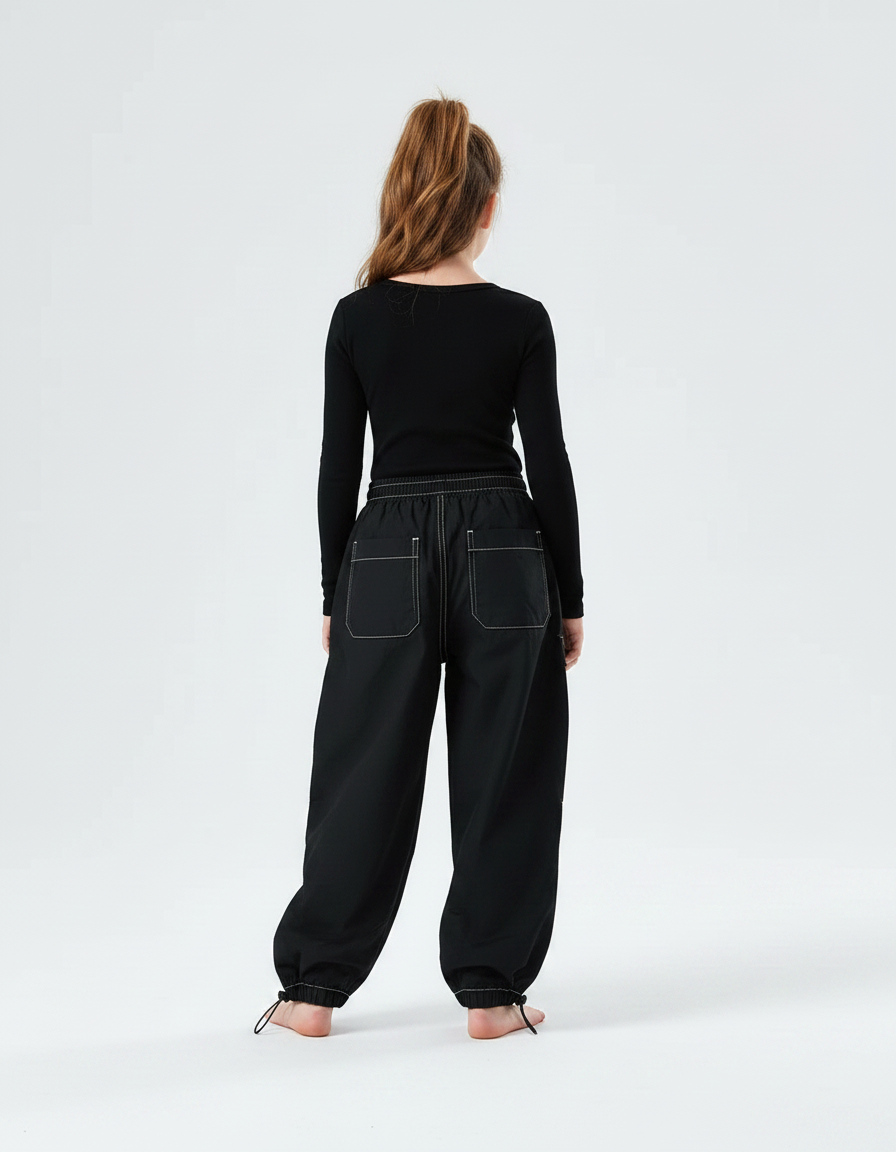 Pantalon Parachute Noir Cargo Ample Fille Décontracté - Polyester - vue 2