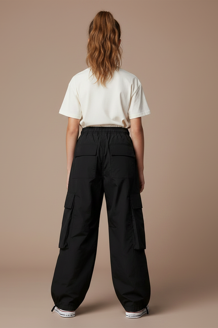 Pantalon Parachute Noir Ample Cargo Cordon Fille - Polyester - vue 2