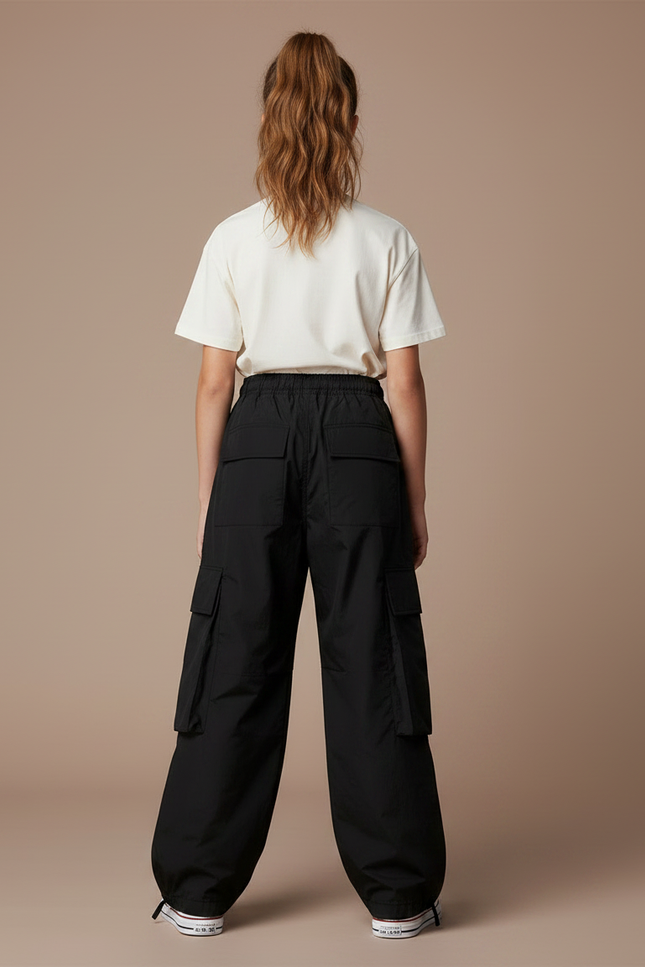 Pantalon Parachute Noir Ample Cargo Cordon Fille - Polyester - vue 2