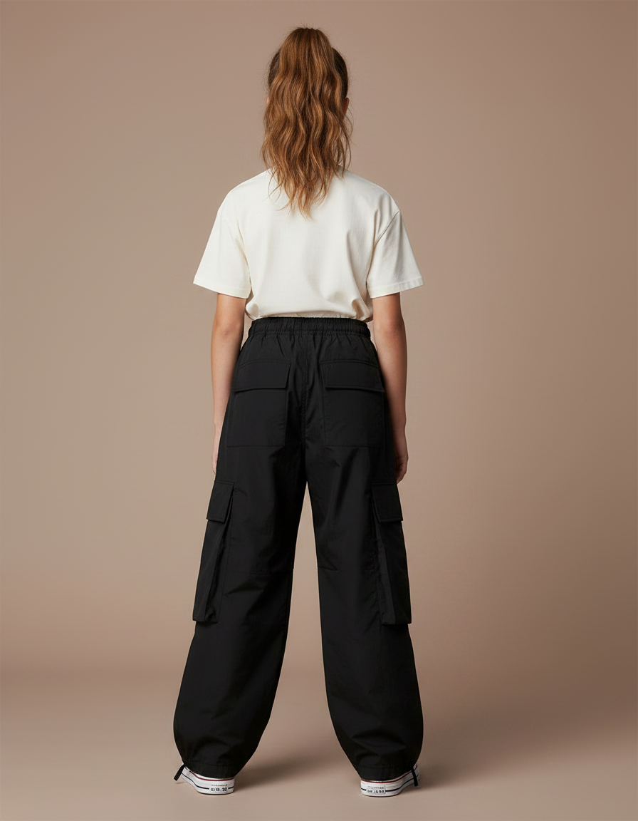 Pantalon Parachute Noir Ample Cargo Cordon Fille - Polyester - vue 2