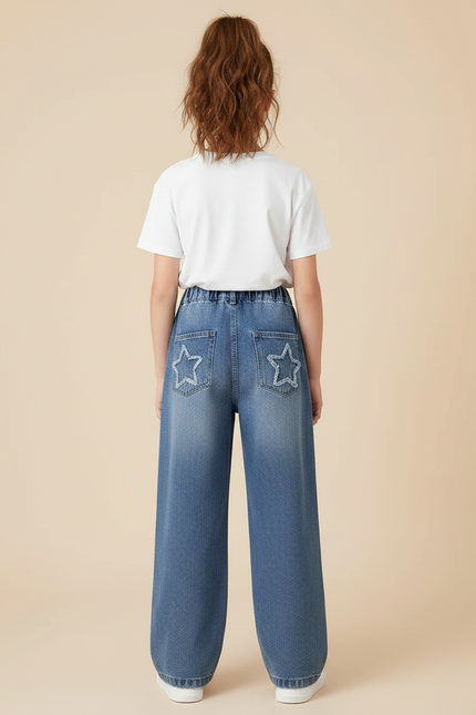 Pantalon Parachute Denim Ample Étoiles Fille Décontracté - Bleu Jean - vue 2