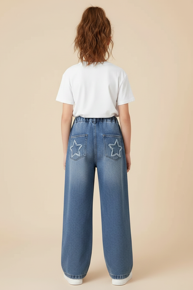 Pantalon Parachute Denim Ample Étoiles Fille Décontracté - Bleu Jean - vue 2