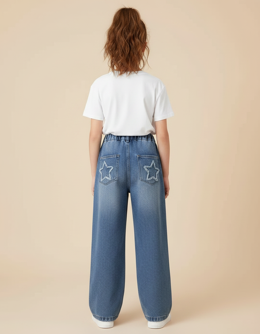 Pantalon Parachute Denim Ample Étoiles Fille Décontracté - Bleu Jean - vue 2