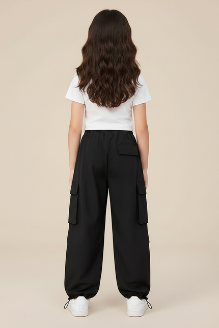 Pantalon Parachute Noir Ample Cargo Fille Léger - Polyester - vue 2