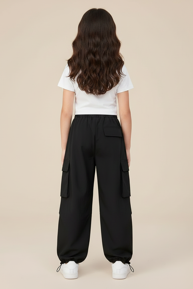 Pantalon Parachute Noir Ample Cargo Fille Léger - Polyester - vue 2