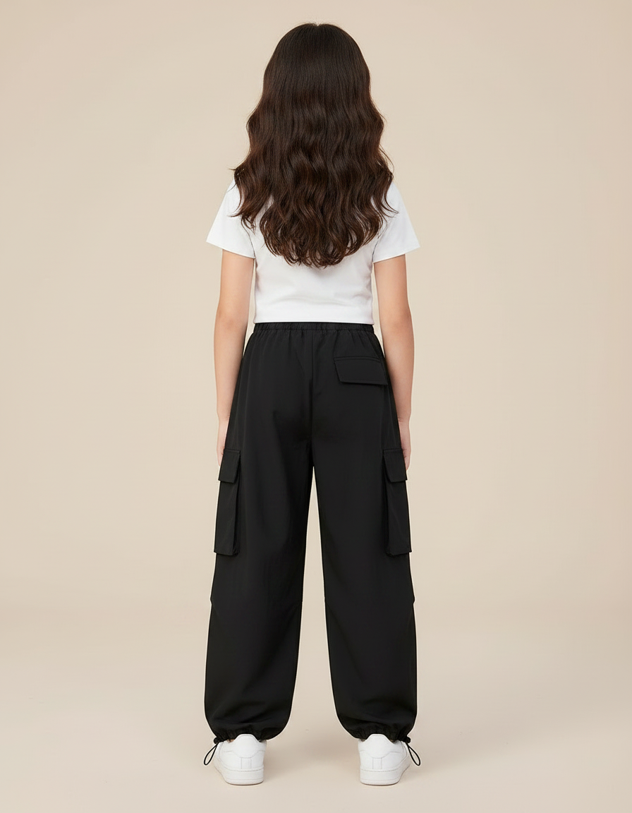 Pantalon Parachute Noir Ample Cargo Fille Léger - Polyester - vue 2