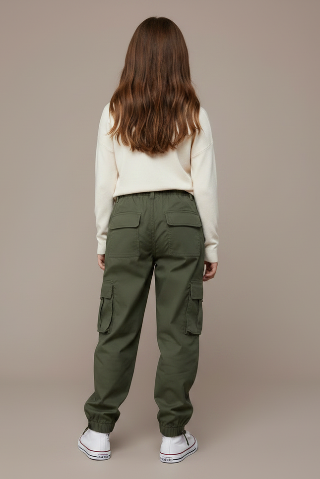 Pantalon Parachute Kaki Cargo Ample Multipoches Enfant - Toile - vue 2